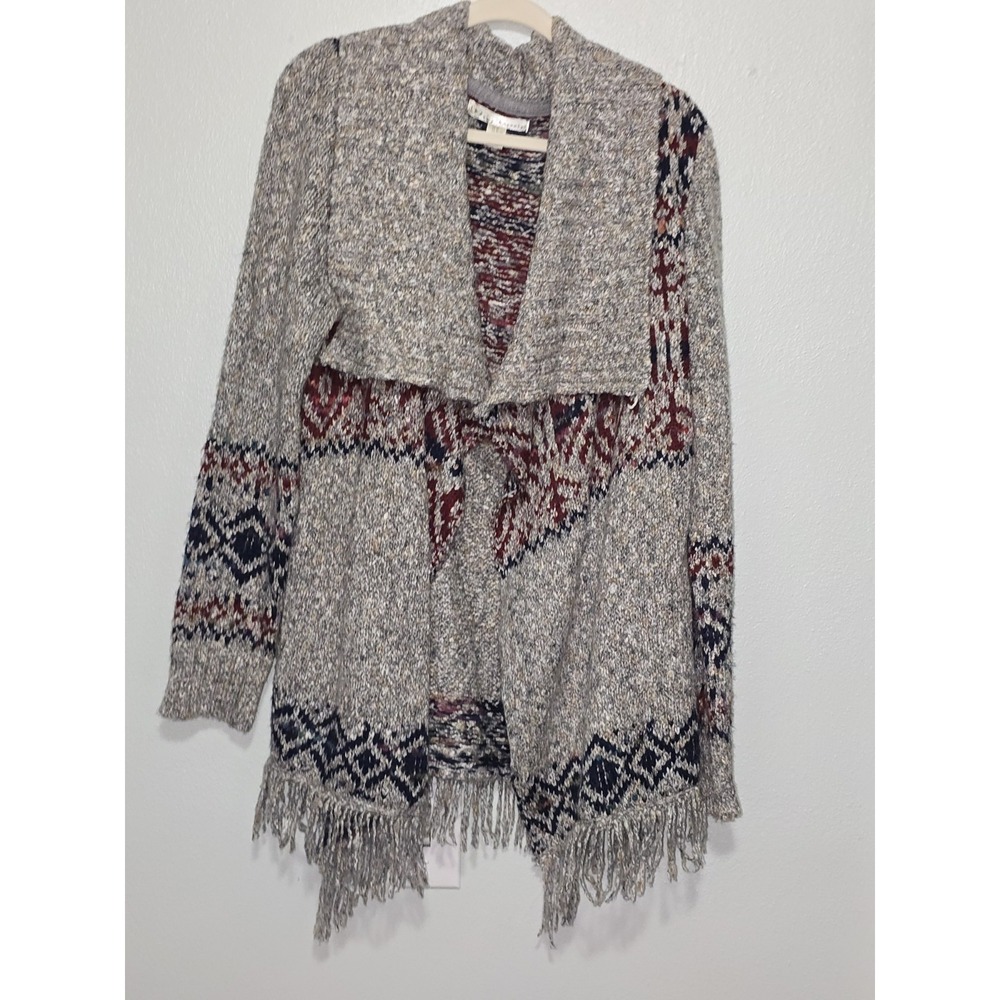 Kaisely Fair Isle Fringe Cardigan Sweater Size XL Open Front Knit Cozy Gray Boho